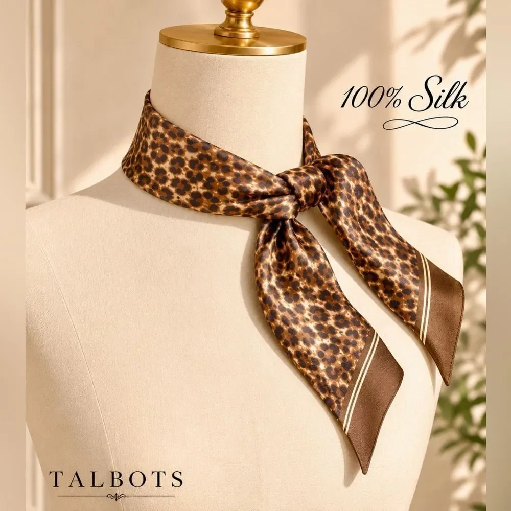 NWT Talbots Delicate Leopard Skinny 💯 Silk Scarf
